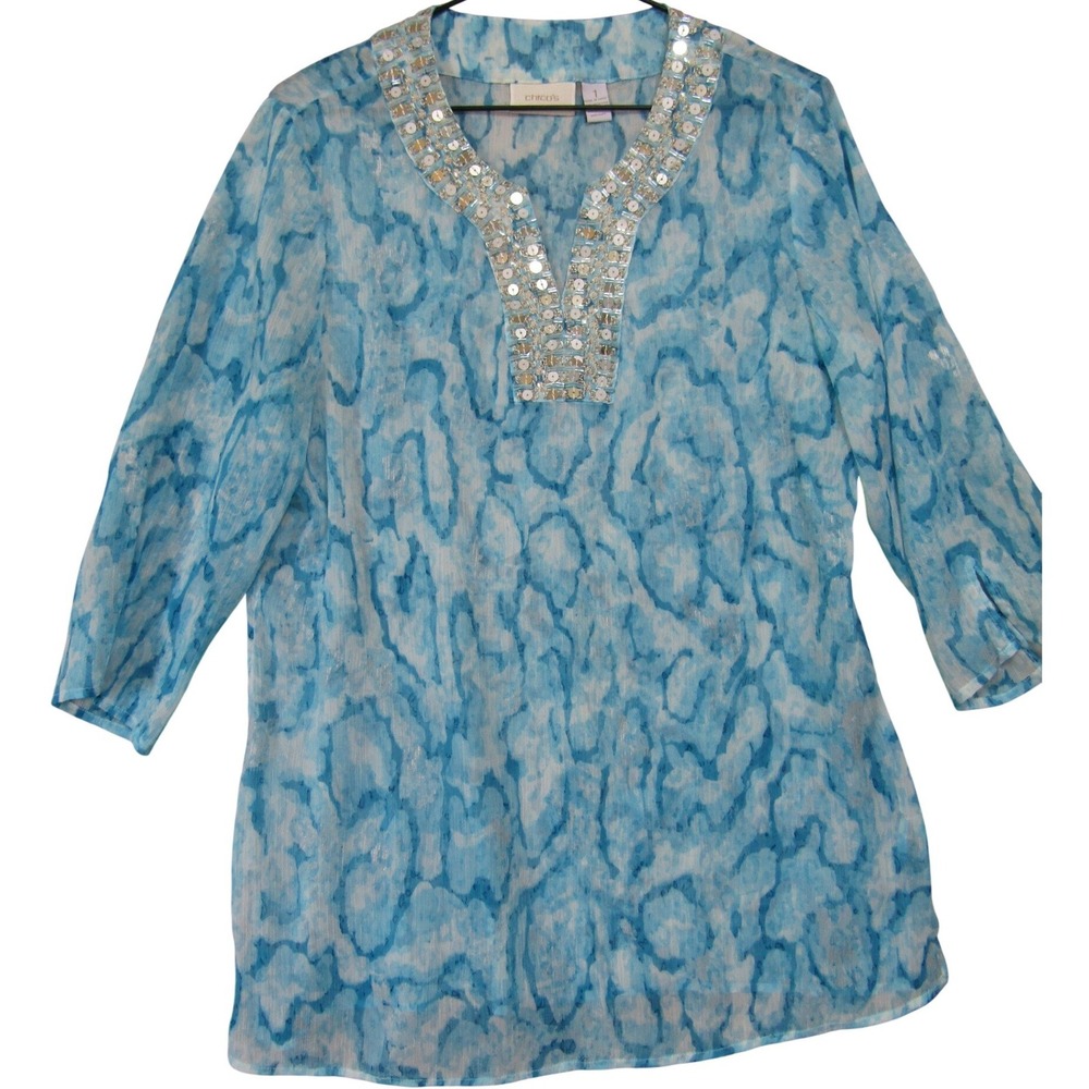 Chico's Tunic Blouse Women 1 Blue Good Sequin V-Neck 3/4‎ Sleeve Abstract Boho